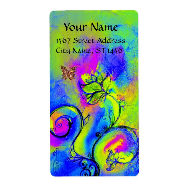 WHIMSICAL FLOWERS & BUTTERFLY blue green yellow (Front)