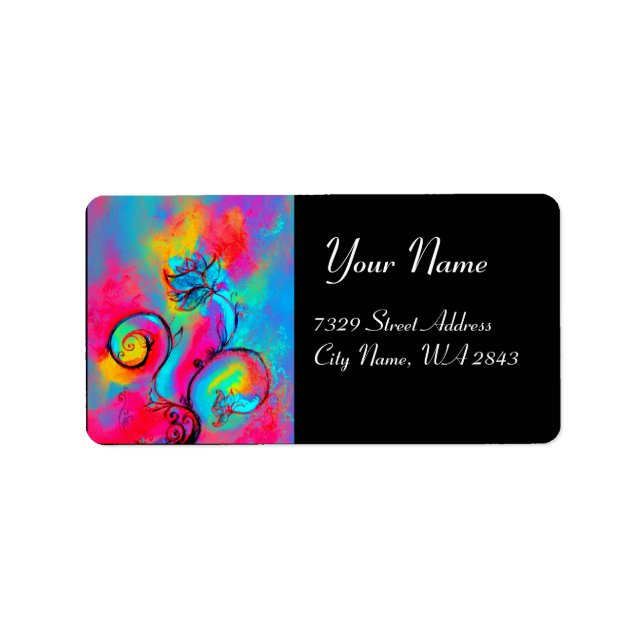 WHIMSICAL FLOWERS & BUTTERFLY blue pink yellow Label (Front)