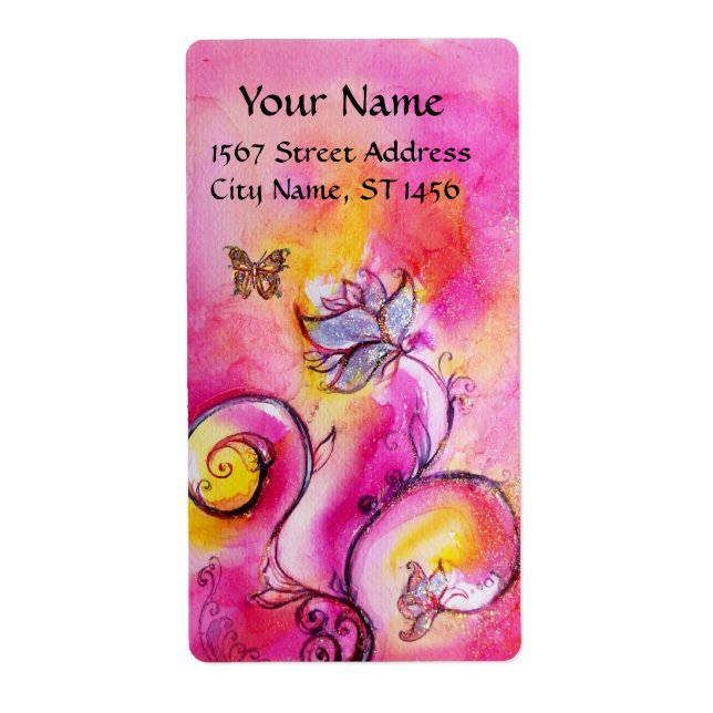 WHIMSICAL FLOWERS & BUTTERFLY pink yellow sparkles (Front)