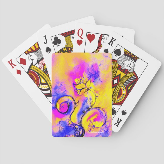 WHIMSICAL FLOWERS,FLORAL SWIRLS Pink Yellow Blue  Playing Cards (Back)