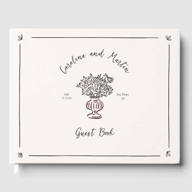 Whimsical flowers, hand drawn wedding  guest book (Front)