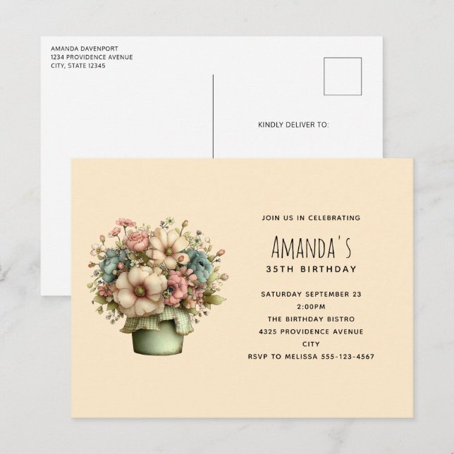 Whimsical Flowers in a Planter Pot Birthday Invitation Postcard (Front/Back)