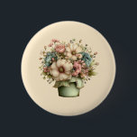 Whimsical Flowers in a Planter Pot Cute 2 Inch Round Button<br><div class="desc">Button with a cute image. Blue. pink and cream colored flowers with green leaves. Set inside a green flower pot with a green plaid cloth hanging over the side.</div>