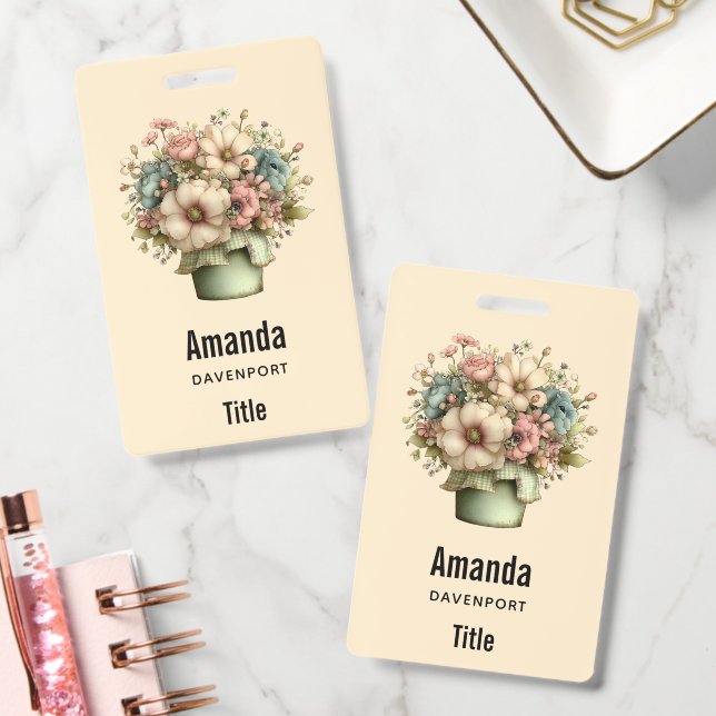 Whimsical Flowers in a Planter Pot Cute Badge (Office)