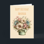 Whimsical Flowers in a Planter Pot Cute Birthday Card<br><div class="desc">Birthday card with a cute image. Blue. pink and cream colored flowers with green leaves. Set inside a green flower pot with a green plaid cloth hanging over the side.</div>