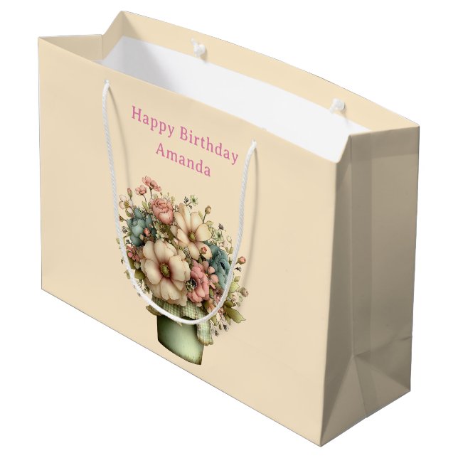 Whimsical Flowers in a Planter Pot Cute Birthday Large Gift Bag (Back Angled)