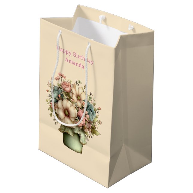 Whimsical Flowers in a Planter Pot Cute Birthday Medium Gift Bag (Back Angled)