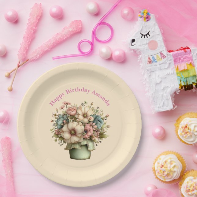 Whimsical Flowers in a Planter Pot Cute Birthday Paper Plate (Party)