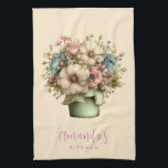 Whimsical Flowers in a Planter Pot Cute Kitchen Towel<br><div class="desc">A kitchen towel with a cute image. Blue. pink and cream colored flowers with green leaves. Set inside a green flower pot with a green plaid cloth hanging over the side.</div>