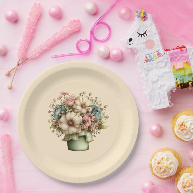 Whimsical Flowers in a Planter Pot Cute Paper Plate (Party)