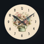 Whimsical Flowers in a Planter Pot Cute Round Clock<br><div class="desc">A watch with a cute image. Blue. pink and cream colored flowers with green leaves. Set inside a green flower pot with a green plaid cloth hanging over the side.</div>