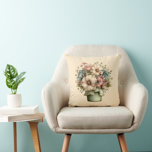 Whimsical Flowers in a Planter Pot Cute Throw Pillow (Chair)
