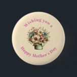 Whimsical Flowers in a Planter Pot Mother's Day 2 Inch Round Button<br><div class="desc">Button with a cute image. Blue. pink and cream colored flowers with green leaves. Set inside a green flower pot with a green plaid cloth hanging over the side.</div>