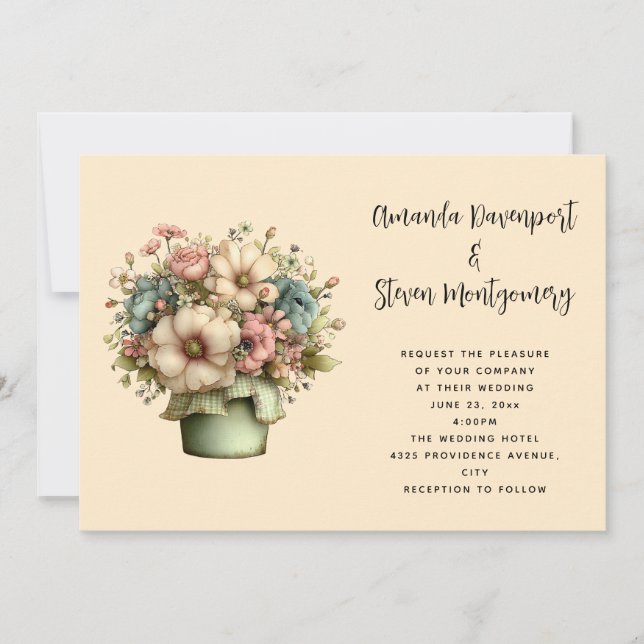 Whimsical Flowers in a Planter Pot Wedding Invitation (Front)