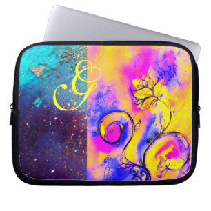 WHIMSICAL FLOWERS MONOGRAM Pink Yellow Blue Laptop Sleeve