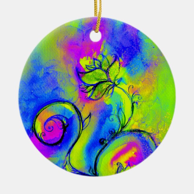 WHIMSICAL FLOWERS MONOGRAM pink yellow purple blue Ceramic Ornament (Front)
