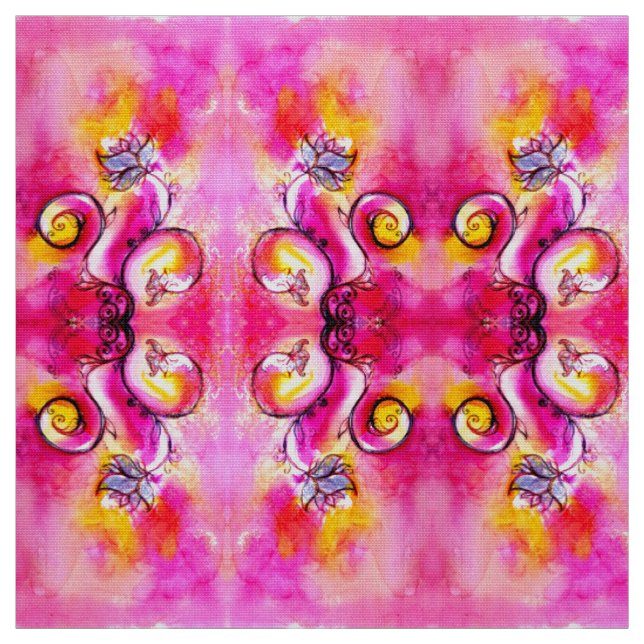 WHIMSICAL FLOWERS pink fuchsia yellow Fabric (Swatch)