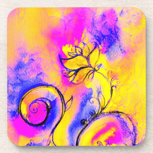 WHIMSICAL FLOWERS pink yellow blue Coaster (Front)