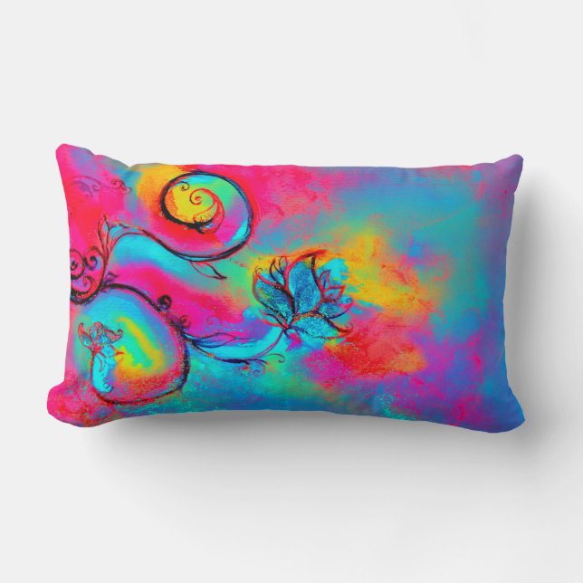 WHIMSICAL FLOWERS  pink yellow blue Lumbar Pillow (Front)