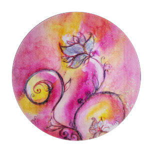 WHIMSICAL FLOWERS Pink Yellow Floral Fantasy Cutting Board
