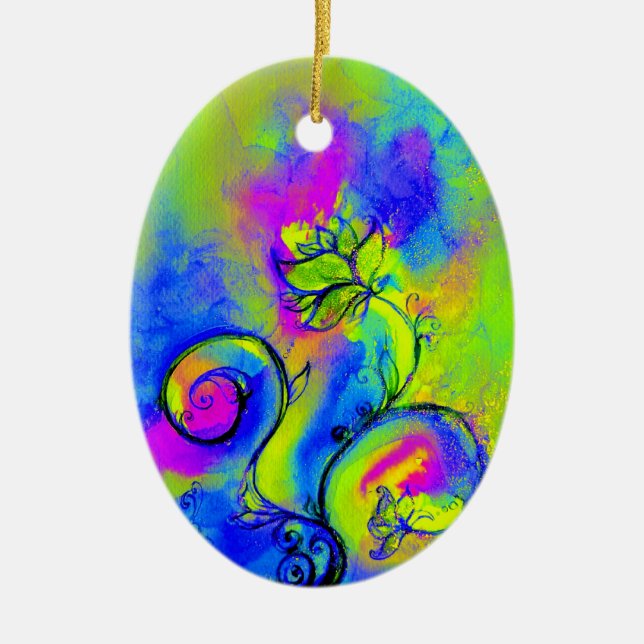 WHIMSICAL FLOWERS pink yellow purple blue Ceramic Ornament (Front)