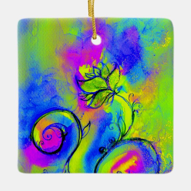 WHIMSICAL FLOWERS pink yellow purple,blue Ceramic Ornament (Front)