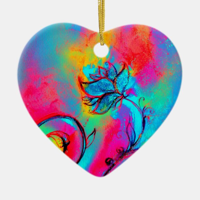 WHIMSICAL FLOWERS pink yellow purple, teal blue Ceramic Ornament (Front)