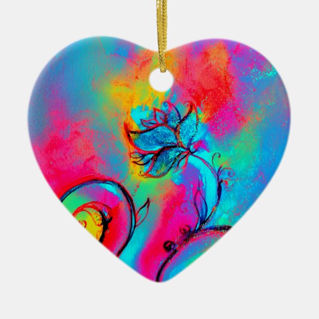 WHIMSICAL FLOWERS  pink yellow purple, teal blue Ceramic Ornament (Front)