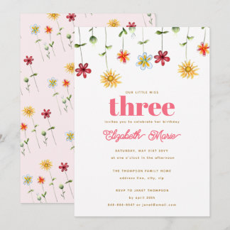 Whimsical Flowers Pink Yellow Red Girl Birthday Invitation