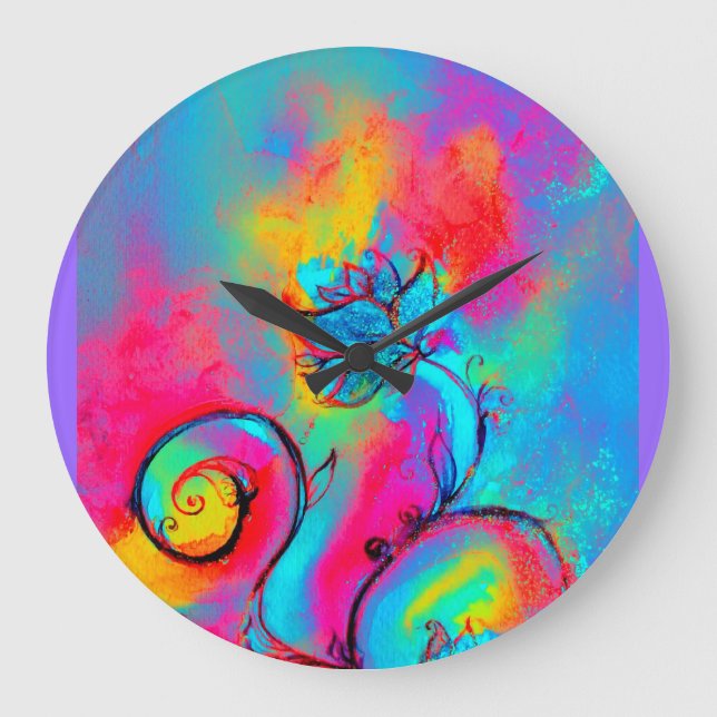 WHIMSICAL FLOWERS  pink yellow teal blue Large Clock (Front)