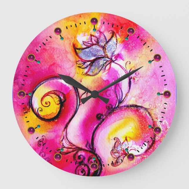 WHIMSICAL FLOWERS  pink yellow teal blue Large Clock (Front)