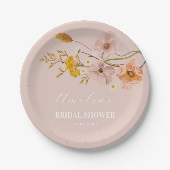 Whimsical Flowers Plate, Pink Bohemian Paper Plate (Front)
