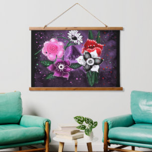 Whimsical Flowers Purple Floral Black White Pink Hanging Tapestry
