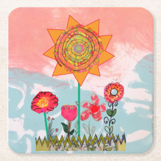Whimsical Flowers  Square Paper Coaster