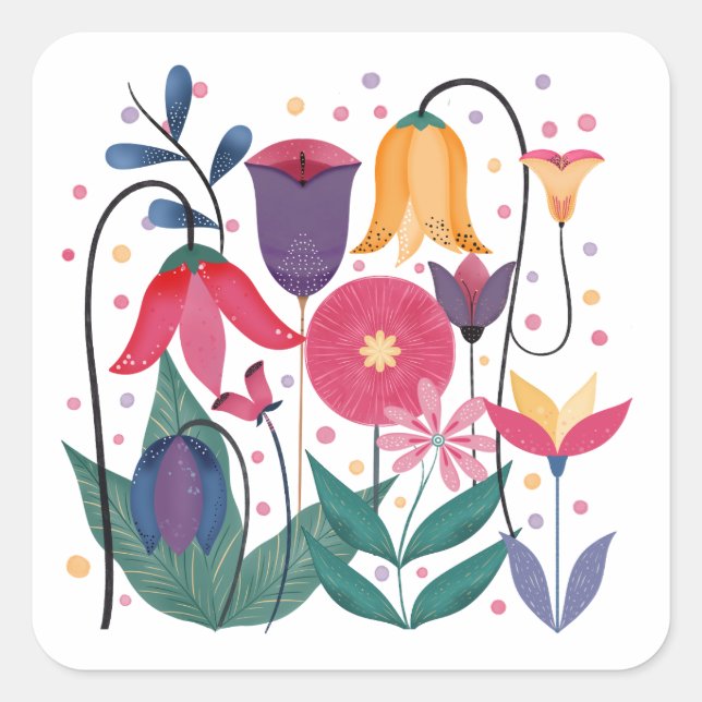Whimsical Flowers Square Sticker (Front)