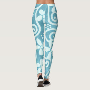 Whimsical Flowers & Swirls Blue White Pattern  Leggings