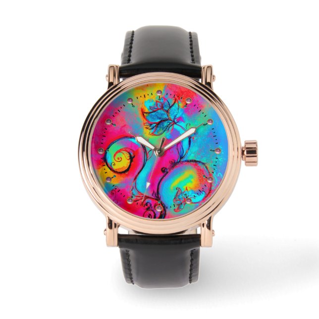 WHIMSICAL FLOWERS  teal blue pink yellow Watch (Front)