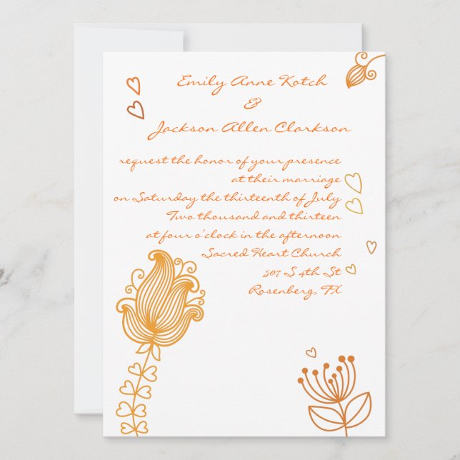 Whimsical Flowers Wedding Invitation - Orange (Front)