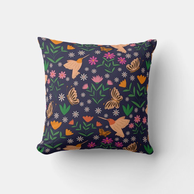 Whimsical Flowers  with birds and butterflies   Throw Pillow (Front)