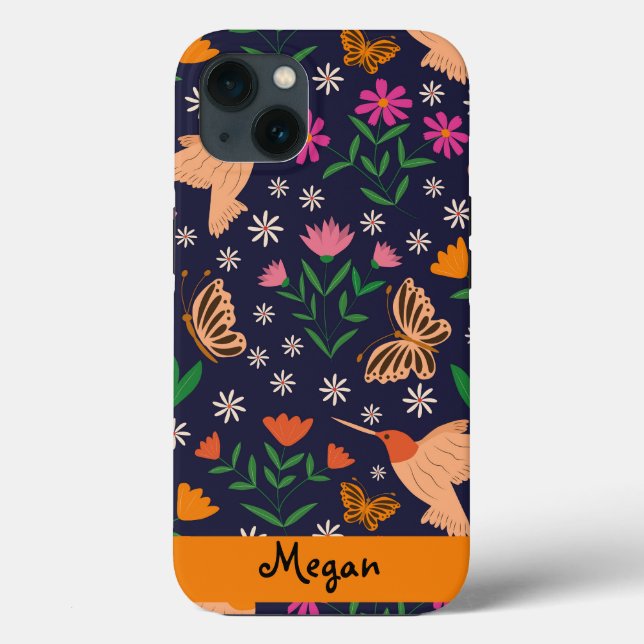 Whimsical Flowers with Hummingbirds Custom Name Case-Mate iPhone Case (Back)