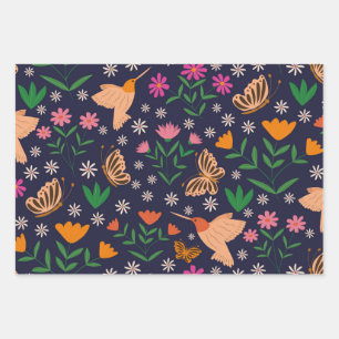 Whimsical Flowers With Hummingbirds  Wrapping Paper Sheet