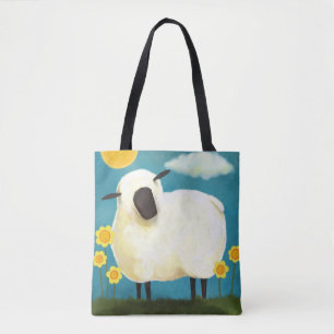 Whimsical Fluffy Sheep and Yellow Flowers Tote Bag