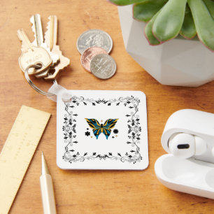 Whimsical Fluttering, Blue Gold Butterfly Keychain