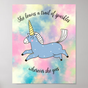 Whimsical Flying Blue Unicorns on Pastel Clouds Poster
