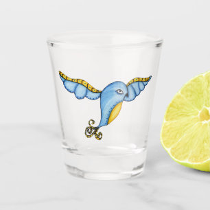 Whimsical Flying Blue Yellow Bird Fancy Scrolls Shot Glass