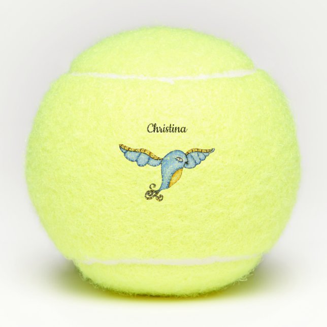 Whimsical Flying Bluebird Yellow Scroll Tail Tennis Balls (Front)