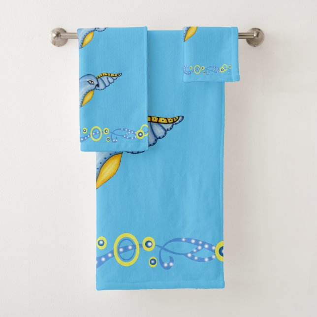 Whimsical Flying Bluebird Yellow Tail Scrolls Bath Towel Set (Insitu)