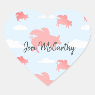 Whimsical Flying Pigs Heart Sticker