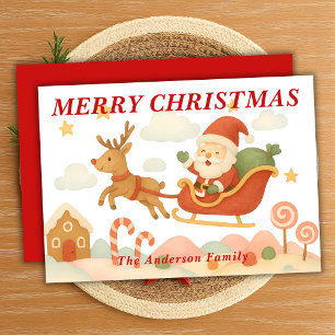 Whimsical Flying Sleigh Over Candyland Christmas Holiday Card