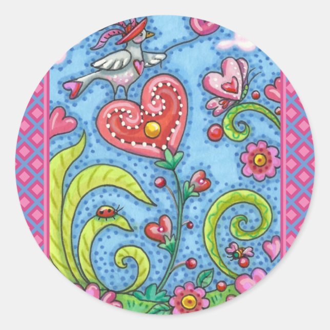WHIMSICAL FOLK ART BIRD, VALENTINE HEARTS GARDEN CLASSIC ROUND STICKER (Front)